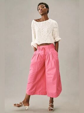 Anthropologie Hot Pink Ruched Poplin Parachute Cropped Pants Size Large.